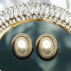 Vintage Ciner Faux Pearl Oval Black Enamel CZ Clip On Earrings *Large *